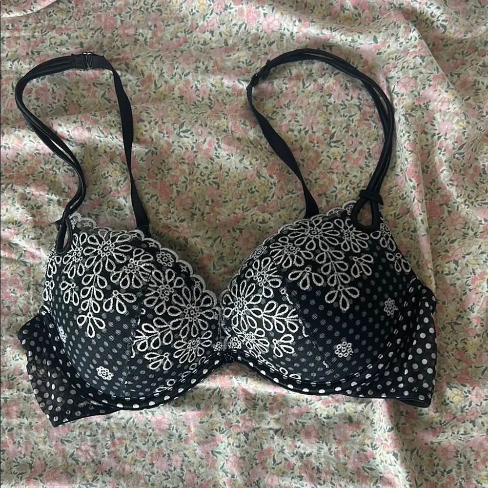 Victoria's Secret Black Bra with White Floral Lace and Polka Dots